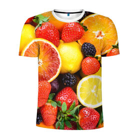 Мужская футболка 3D спортивная с принтом Ягоды и фрукты в Екатеринбурге, 100% полиэстер с улучшенными характеристиками | приталенный силуэт, круглая горловина, широкие плечи, сужается к линии бедра | абрикос | алыча | апельсин | бодрость | веган | виноград | витамины | груша | диета | еда | здоровье | клубника | лайм | лимон | малина | молодость | нектар | овощи | персик | питание | польза | смородина