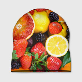 Шапка 3D с принтом Ягоды и фрукты в Екатеринбурге, 100% полиэстер | универсальный размер, печать по всей поверхности изделия | Тематика изображения на принте: абрикос | алыча | апельсин | бодрость | веган | виноград | витамины | груша | диета | еда | здоровье | клубника | лайм | лимон | малина | молодость | нектар | овощи | персик | питание | польза | смородина
