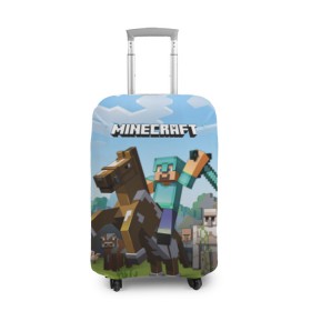 Чехол для чемодана 3D с принтом Minecraft на коне в Екатеринбурге, 86% полиэфир, 14% спандекс | двустороннее нанесение принта, прорези для ручек и колес | game | minecraft | игры | маинкрафт | майн | майнкравт | майнкрафт