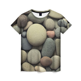 Женская футболка 3D с принтом Морская галька в Екатеринбурге, 100% полиэфир ( синтетическое хлопкоподобное полотно) | прямой крой, круглый вырез горловины, длина до линии бедер | водоём | галька | камешки | камни | море | океан | отдых | отпуск | песок | пляж