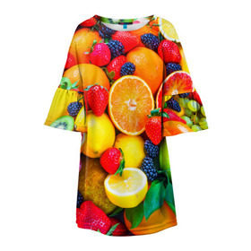Детское платье 3D с принтом Ягоды и фрукты в Екатеринбурге, 100% полиэстер | прямой силуэт, чуть расширенный к низу. Круглая горловина, на рукавах — воланы | апельсин | ежевика | клубника | фрукты | ягода