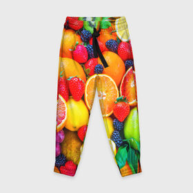 Детские брюки 3D с принтом Ягоды и фрукты в Екатеринбурге, 100% полиэстер | манжеты по низу, эластичный пояс регулируется шнурком, по бокам два кармана без застежек, внутренняя часть кармана из мелкой сетки | апельсин | ежевика | клубника | фрукты | ягода