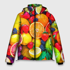 Мужская зимняя куртка 3D с принтом Ягоды и фрукты в Екатеринбурге, верх — 100% полиэстер; подкладка — 100% полиэстер; утеплитель — 100% полиэстер | длина ниже бедра, свободный силуэт Оверсайз. Есть воротник-стойка, отстегивающийся капюшон и ветрозащитная планка. 

Боковые карманы с листочкой на кнопках и внутренний карман на молнии. | апельсин | ежевика | клубника | фрукты | ягода