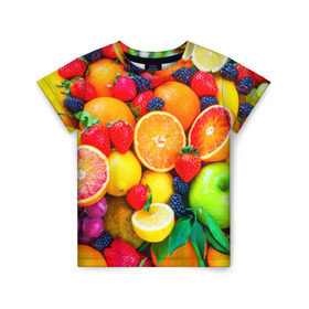Детская футболка 3D с принтом Ягоды и фрукты в Екатеринбурге, 100% гипоаллергенный полиэфир | прямой крой, круглый вырез горловины, длина до линии бедер, чуть спущенное плечо, ткань немного тянется | апельсин | ежевика | клубника | фрукты | ягода
