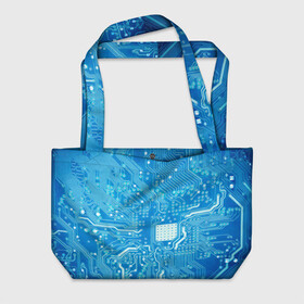 Пляжная сумка 3D с принтом Системная плата в Екатеринбурге, 100% полиэстер | застегивается на металлическую кнопку; внутренний карман застегивается на молнию. Стенки укреплены специальным мягким материалом, чтобы защитить содержимое от несильных ударов
 | кибер | микросхема | синий