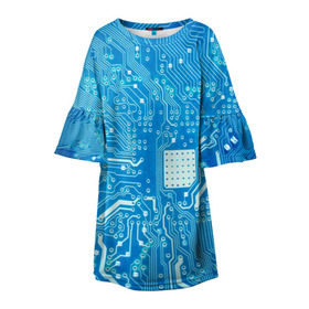 Детское платье 3D с принтом Системная плата в Екатеринбурге, 100% полиэстер | прямой силуэт, чуть расширенный к низу. Круглая горловина, на рукавах — воланы | Тематика изображения на принте: кибер | микросхема | синий