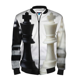 Мужской бомбер 3D с принтом Шахматы в Екатеринбурге, 100% полиэстер | застегивается на молнию, по бокам два кармана без застежек, по низу бомбера и на воротнике - эластичная резинка | белая | черная | шахматы