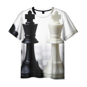 Мужская футболка 3D с принтом Шахматы в Екатеринбурге, 100% полиэфир | прямой крой, круглый вырез горловины, длина до линии бедер | белая | черная | шахматы