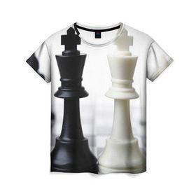 Женская футболка 3D с принтом Шахматы в Екатеринбурге, 100% полиэфир ( синтетическое хлопкоподобное полотно) | прямой крой, круглый вырез горловины, длина до линии бедер | белая | черная | шахматы