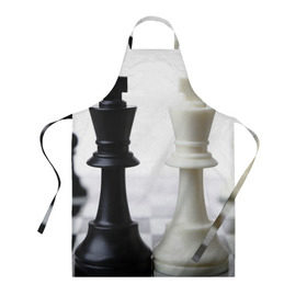 Фартук 3D с принтом Шахматы в Екатеринбурге, 100% полиэстер | общий размер — 65 х 85 см, ширина нагрудника — 26 см, горловина — 53 см, длина завязок — 54 см, общий обхват в поясе — 173 см. Принт на завязках и на горловине наносится с двух сторон, на основной части фартука — только с внешней стороны | белая | черная | шахматы