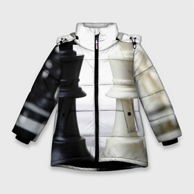 Зимняя куртка для девочек 3D с принтом Шахматы в Екатеринбурге, ткань верха — 100% полиэстер; подклад — 100% полиэстер, утеплитель — 100% полиэстер. | длина ниже бедра, удлиненная спинка, воротник стойка и отстегивающийся капюшон. Есть боковые карманы с листочкой на кнопках, утяжки по низу изделия и внутренний карман на молнии. 

Предусмотрены светоотражающий принт на спинке, радужный светоотражающий элемент на пуллере молнии и на резинке для утяжки. | белая | черная | шахматы