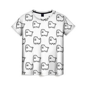Женская футболка 3D с принтом Undertale Annoying dog white в Екатеринбурге, 100% полиэфир ( синтетическое хлопкоподобное полотно) | прямой крой, круглый вырез горловины, длина до линии бедер | 8 bit | annoying dog | dog | pixel art | undertale | white