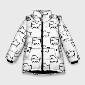 Зимняя куртка для девочек 3D с принтом Undertale Annoying dog white в Екатеринбурге, ткань верха — 100% полиэстер; подклад — 100% полиэстер, утеплитель — 100% полиэстер. | длина ниже бедра, удлиненная спинка, воротник стойка и отстегивающийся капюшон. Есть боковые карманы с листочкой на кнопках, утяжки по низу изделия и внутренний карман на молнии. 

Предусмотрены светоотражающий принт на спинке, радужный светоотражающий элемент на пуллере молнии и на резинке для утяжки. | Тематика изображения на принте: 8 bit | annoying dog | dog | pixel art | undertale | white