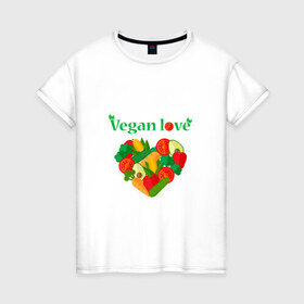 Женская футболка хлопок с принтом Vegan love в Екатеринбурге, 100% хлопок | прямой крой, круглый вырез горловины, длина до линии бедер, слегка спущенное плечо | 