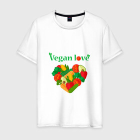 Мужская футболка хлопок с принтом Vegan love в Екатеринбурге, 100% хлопок | прямой крой, круглый вырез горловины, длина до линии бедер, слегка спущенное плечо. | 