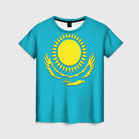 Женская футболка 3D с принтом Казахстан в Екатеринбурге, 100% полиэфир ( синтетическое хлопкоподобное полотно) | прямой крой, круглый вырез горловины, длина до линии бедер | герб | казахстан | флаг
