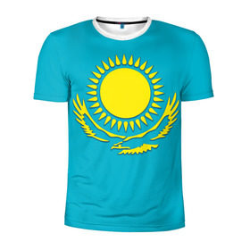 Мужская футболка 3D спортивная с принтом Казахстан в Екатеринбурге, 100% полиэстер с улучшенными характеристиками | приталенный силуэт, круглая горловина, широкие плечи, сужается к линии бедра | герб | казахстан | флаг