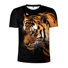 Мужская футболка 3D спортивная с принтом Тигр в Екатеринбурге, 100% полиэстер с улучшенными характеристиками | приталенный силуэт, круглая горловина, широкие плечи, сужается к линии бедра | Тематика изображения на принте: полосы | хищник
