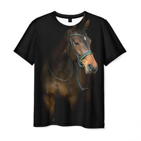 Мужская футболка 3D с принтом Породистый жеребец в Екатеринбурге, 100% полиэфир | прямой крой, круглый вырез горловины, длина до линии бедер | жеребец | животные | конь | лошадка | лошадь | погоня | седло | скакун | скачки | узда