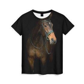 Женская футболка 3D с принтом Породистый жеребец в Екатеринбурге, 100% полиэфир ( синтетическое хлопкоподобное полотно) | прямой крой, круглый вырез горловины, длина до линии бедер | жеребец | животные | конь | лошадка | лошадь | погоня | седло | скакун | скачки | узда