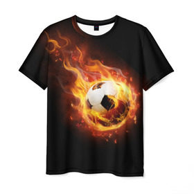 Мужская футболка 3D с принтом Страсть к футболу в Екатеринбурге, 100% полиэфир | прямой крой, круглый вырез горловины, длина до линии бедер | игра | искры | мяч | огонь | пламя | спорт | страсть | фанат | футбол | футболист