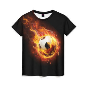 Женская футболка 3D с принтом Страсть к футболу в Екатеринбурге, 100% полиэфир ( синтетическое хлопкоподобное полотно) | прямой крой, круглый вырез горловины, длина до линии бедер | игра | искры | мяч | огонь | пламя | спорт | страсть | фанат | футбол | футболист