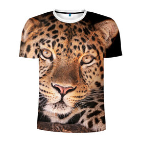 Мужская футболка 3D спортивная с принтом Леопард в Екатеринбурге, 100% полиэстер с улучшенными характеристиками | приталенный силуэт, круглая горловина, широкие плечи, сужается к линии бедра | гепард | грация | дикая кошка | добыча | животные | леопард | ловкость | опасность | пятна | хищник | ягуар