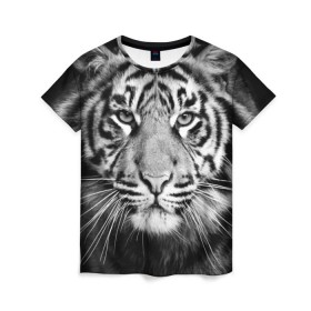 Женская футболка 3D с принтом Красавец тигр в Екатеринбурге, 100% полиэфир ( синтетическое хлопкоподобное полотно) | прямой крой, круглый вырез горловины, длина до линии бедер | джунгли | дикая кошка | животные | зверь | король | кровь | мясо | опасность | охотник | тигр | хищник | царь | цирк