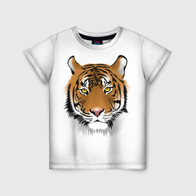 Детская футболка 3D с принтом Морда тигра в Екатеринбурге, 100% гипоаллергенный полиэфир | прямой крой, круглый вырез горловины, длина до линии бедер, чуть спущенное плечо, ткань немного тянется | Тематика изображения на принте: зверь | кошка | полосы | тигр | хищник