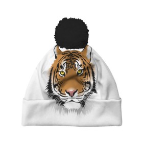 Шапка 3D c помпоном с принтом Морда тигра в Екатеринбурге, 100% полиэстер | универсальный размер, печать по всей поверхности изделия | зверь | кошка | полосы | тигр | хищник