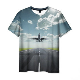 Мужская футболка 3D с принтом Самолет в Екатеринбурге, 100% полиэфир | прямой крой, круглый вырез горловины, длина до линии бедер | взлет | небо | природа