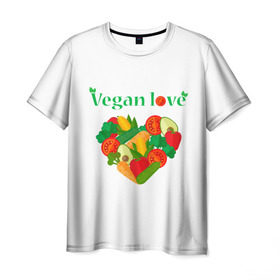 Мужская футболка 3D с принтом Vegan love в Екатеринбурге, 100% полиэфир | прямой крой, круглый вырез горловины, длина до линии бедер | art | vegan | вегетарианство | любовь | овощи | фрукты