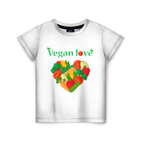 Детская футболка 3D с принтом Vegan love в Екатеринбурге, 100% гипоаллергенный полиэфир | прямой крой, круглый вырез горловины, длина до линии бедер, чуть спущенное плечо, ткань немного тянется | Тематика изображения на принте: art | vegan | вегетарианство | любовь | овощи | фрукты