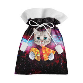 Подарочный 3D мешок с принтом Кот с едой в Екатеринбурге, 100% полиэстер | Размер: 29*39 см | art | cat | pizza | space | еда | космос | кот | кот в космосе | кот с едой | котенок | котик | пицца