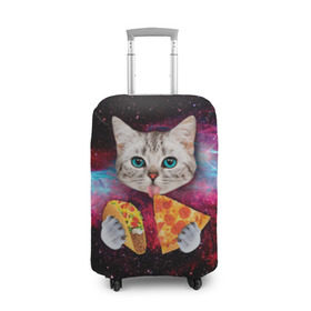 Чехол для чемодана 3D с принтом Кот с едой в Екатеринбурге, 86% полиэфир, 14% спандекс | двустороннее нанесение принта, прорези для ручек и колес | art | cat | pizza | space | еда | космос | кот | кот в космосе | кот с едой | котенок | котик | пицца