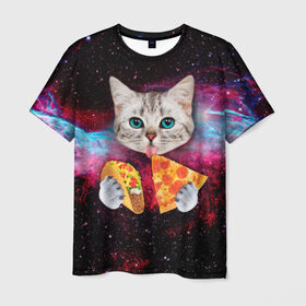 Мужская футболка 3D с принтом Кот с едой в Екатеринбурге, 100% полиэфир | прямой крой, круглый вырез горловины, длина до линии бедер | art | cat | pizza | space | еда | космос | кот | кот в космосе | кот с едой | котенок | котик | пицца
