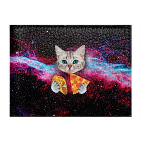 Обложка для студенческого билета с принтом Кот с едой в Екатеринбурге, натуральная кожа | Размер: 11*8 см; Печать на всей внешней стороне | Тематика изображения на принте: art | cat | pizza | space | еда | космос | кот | кот в космосе | кот с едой | котенок | котик | пицца