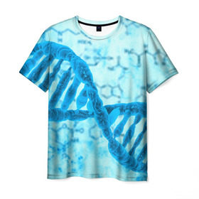 Мужская футболка 3D с принтом ДНК в Екатеринбурге, 100% полиэфир | прямой крой, круглый вырез горловины, длина до линии бедер | Тематика изображения на принте: абстракция | биология | днк | молекула | синяя.цепочка | формула