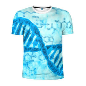 Мужская футболка 3D спортивная с принтом ДНК в Екатеринбурге, 100% полиэстер с улучшенными характеристиками | приталенный силуэт, круглая горловина, широкие плечи, сужается к линии бедра | абстракция | биология | днк | молекула | синяя.цепочка | формула