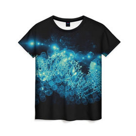 Женская футболка 3D с принтом Молекула в Екатеринбурге, 100% полиэфир ( синтетическое хлопкоподобное полотно) | прямой крой, круглый вырез горловины, длина до линии бедер | абстракция | биология | днк | молекула | синяя.цепочка | формула