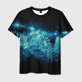 Мужская футболка 3D с принтом Молекула в Екатеринбурге, 100% полиэфир | прямой крой, круглый вырез горловины, длина до линии бедер | Тематика изображения на принте: абстракция | биология | днк | молекула | синяя.цепочка | формула