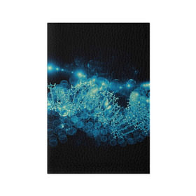 Обложка для паспорта матовая кожа с принтом Молекула в Екатеринбурге, натуральная матовая кожа | размер 19,3 х 13,7 см; прозрачные пластиковые крепления | абстракция | биология | днк | молекула | синяя.цепочка | формула