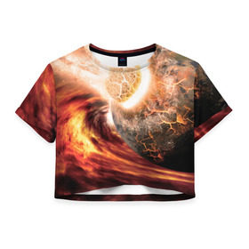 Женская футболка 3D укороченная с принтом Падение метеорита в Екатеринбурге, 100% полиэстер | круглая горловина, длина футболки до линии талии, рукава с отворотами | астероид | вселенная | галактика | звезды | катастрофа | планеты | туманность