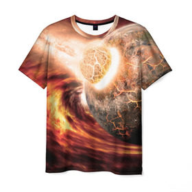 Мужская футболка 3D с принтом Падение метеорита в Екатеринбурге, 100% полиэфир | прямой крой, круглый вырез горловины, длина до линии бедер | астероид | вселенная | галактика | звезды | катастрофа | планеты | туманность