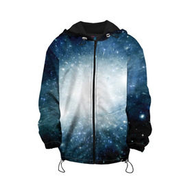 Детская куртка 3D с принтом Центр Вселенной в Екатеринбурге, 100% полиэстер | застежка — молния, подол и капюшон оформлены резинкой с фиксаторами, по бокам — два кармана без застежек, один потайной карман на груди, плотность верхнего слоя — 90 г/м2; плотность флисового подклада — 260 г/м2 | Тематика изображения на принте: вселенная | галактика | звёзды | комета | космос | метеориты | метеоры | млечный путь | планеты | солнечная система