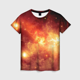 Женская футболка 3D с принтом Пылающий космос в Екатеринбурге, 100% полиэфир ( синтетическое хлопкоподобное полотно) | прямой крой, круглый вырез горловины, длина до линии бедер | вселенная | вспышка | галактика | звёзды | комета | космос | метеориты | метеоры | огонь | пламя | планеты | свет