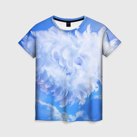 Женская футболка 3D с принтом Сердце в Екатеринбурге, 100% полиэфир ( синтетическое хлопкоподобное полотно) | прямой крой, круглый вырез горловины, длина до линии бедер | голубая | любовь | небо | новая | перья | сердце