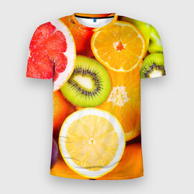 Мужская футболка 3D спортивная с принтом Фрукты в Екатеринбурге, 100% полиэстер с улучшенными характеристиками | приталенный силуэт, круглая горловина, широкие плечи, сужается к линии бедра | апельсин | киви | новая | фрукты | цитрус