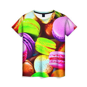 Женская футболка 3D с принтом Макароны в Екатеринбурге, 100% полиэфир ( синтетическое хлопкоподобное полотно) | прямой крой, круглый вырез горловины, длина до линии бедер | макаруны | печенье | разноцветный