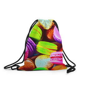 Рюкзак-мешок 3D с принтом Макароны в Екатеринбурге, 100% полиэстер | плотность ткани — 200 г/м2, размер — 35 х 45 см; лямки — толстые шнурки, застежка на шнуровке, без карманов и подкладки | Тематика изображения на принте: макаруны | печенье | разноцветный